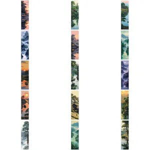 Close-up detail of traditional Chinese landscape painting bookmarks, scenic vertical art book markers set.