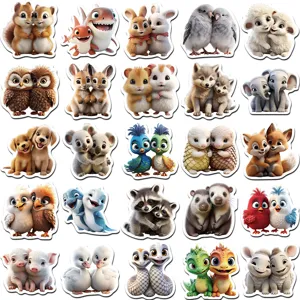 Cute cartoon animal stickers pack, adorable pairs hugging designs for journaling scrapbooking.