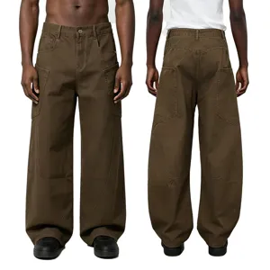 Brown multi-pocket cargo pants featuring a relaxed straight-leg fit and streetwear style for daily wear.
