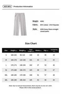 Tabla de tallas detallada y especificaciones de tela para pantalón de felpa.