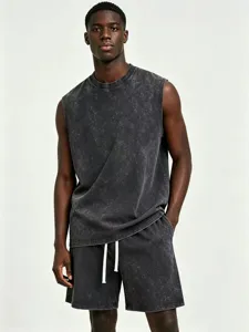 Men's vintage washed sleeveless tank top and shorts set, solid color casual streetwear outfit.