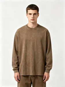 Men's Casual Long Sleeve T-Shirt Heavyweight Washed Vintage Cotton Loose Fit Crew Neck Basic Pullover Top