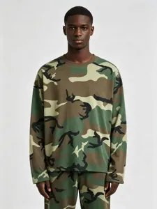 Men's Casual Long Sleeve Camouflage Cotton T-Shirt Loose Fit Crew Neck Top