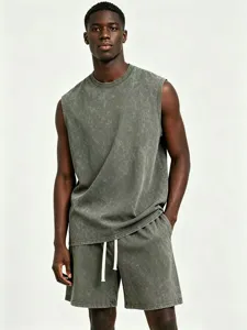 Unisex Pure Cotton Solid Color Washed Distressed Sleeveless Tank Top And Casual Shorts Set Summer Fashion Streetwear