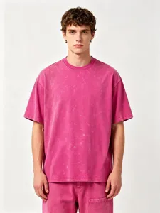Close-up view of vintage acid wash short sleeve t-shirt, casual loose drop shoulder top.