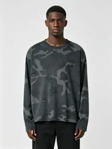 Detailed view of the dark grey camouflage long sleeve crewneck t-shirt showcasing texture.