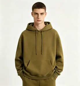 Zware gevoerde heren hoodie, comfortabele relaxte trui met capuchon in legergroen voor dagelijks.