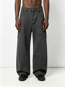 Men casual dark grey loose fit wide leg cargo denim jeans streetwear trousers style.