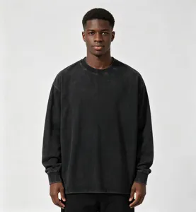 Details of the heavy acid-washed vintage long sleeve t-shirt, loose fit, classic crewneck design.