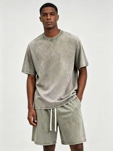 Men's vintage washed short sleeve t-shirt and shorts set, casual oversized style, solid color.