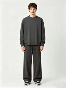 Men's dark gray heavy terry crewneck sweatshirt and straight casual sweatpants set.