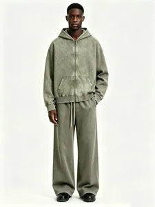 Ensemble sweat à capuche zippé et pantalon de survêtement vintage délavé pour homme.
