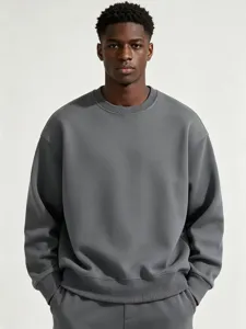 Men's solid dark gray crewneck sweatshirt, casual thick fleece pullover for winter style.