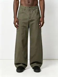 Military green loose cargo pants with stylish curved seams and multi-pocket streetwear design.