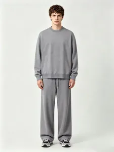 Detailed view of the grey fleece sweatshirt and matching straight trousers set, comfortable.