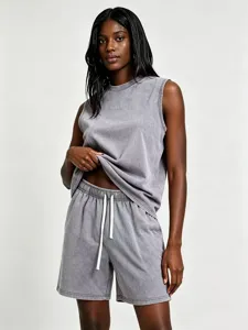 Vintage wash grey sleeveless tank top and shorts set detail view, casual summer loungewear