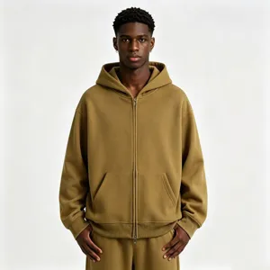 Men's heavy full-zip hoodie in khaki, casual loose fit with hood and pockets for autumn winter.