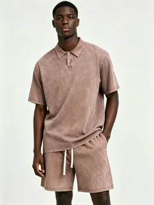 Vintage washed short sleeve polo shirt and matching casual shorts set for men street style.