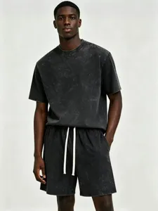 Retro acid wash t-shirt and shorts set for men and women, casual summer streetwear style.