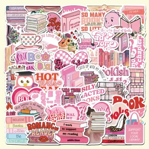 Pink bookish sticker pack detail view, cute aesthetic stationery decals for journaling.