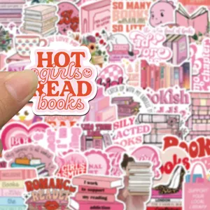 Close-up detail of aesthetic pink bookish stickers for journals, planners and laptop decor.