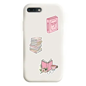 White phone case with pink bookish aesthetic cute illustrations and reading design.