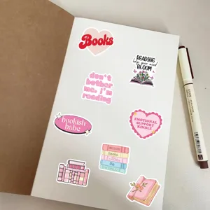 Pink bookish aesthetic stickers for journaling, cute reading themed stationery decals.