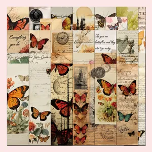 Vintage butterfly scrapbooking paper sticker set with retro botanical manuscript designs.