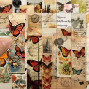 Close-up detail view of vintage butterfly bookmark featuring retro manuscript background designs.