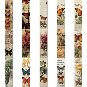 Vintage butterfly bookmarks set featuring botanical illustrations and script designs.