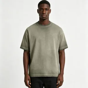 Detail view of men vintage washed short sleeve t-shirt, relaxed drop shoulder design, comfortable.