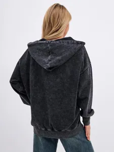 Retro heavy acid wash zip up hoodie back view, vintage loose casual streetwear sweatshirt.