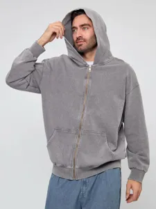 Vintage washed heavy zip hoodie detail, loose fit loopback cotton fleece sweatshirt.
