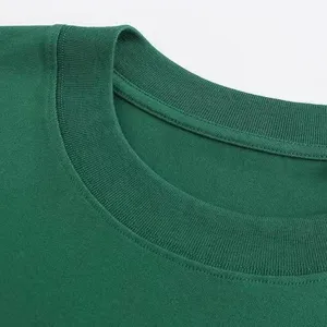 Close-up detail of dark green crewneck short sleeve t-shirt rib collar, premium solid fabric.