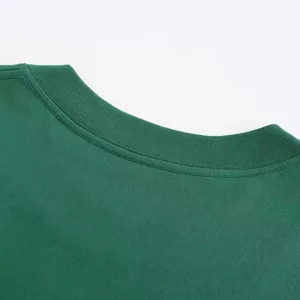 Dark green solid crew neck t-shirt collar detail, premium cotton fabric, casual style.