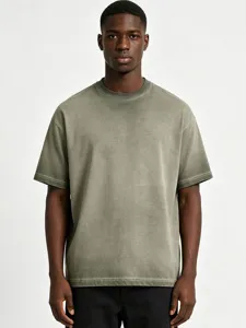 Men's 260G vintage washed cotton short sleeve t-shirt, casual drop shoulder design.