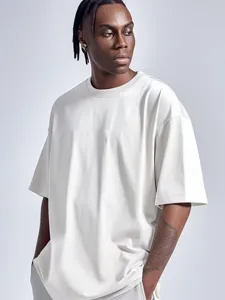 Men heavy short sleeve t-shirt casual loose solid color hip hop streetwear top view