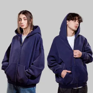 Oversize washed zip-up hoodie for men and women, heavyweight fleece lined casual outerwear.