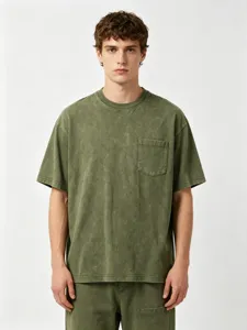 Men's Retro Washed Pure Cotton Short Sleeve T-Shirt Loose Fit Solid Color Chest Pocket Casual Crew Neck Tee Top