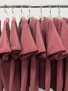 Heavyweight vintage washed cotton short sleeve t-shirt detail view, solid color tee.