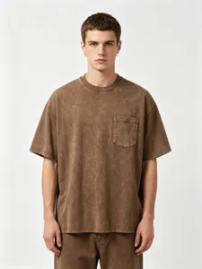 Vintage washed brown short sleeve t-shirt featuring chest pocket for casual daily wear.