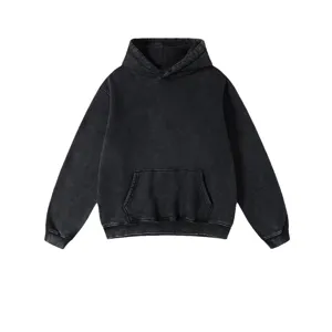 Heavyweight washed black fleece hoodie detail shot featuring a cozy front kangaroo pocket.