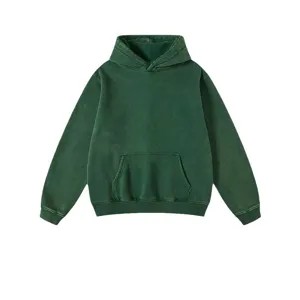 Vintage washed dark green hoodie detail view, premium heavy cotton fabric with front pocket.