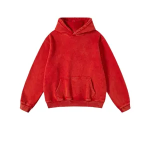 Detailed view of the vintage washed red hoodie, heavyweight fleece texture and pocket.