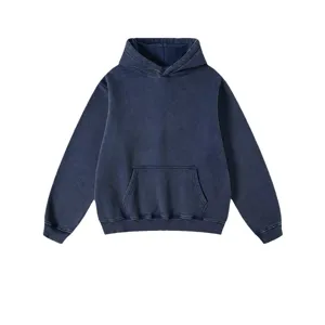 Detailed view of heavyweight vintage washed fleece hoodie, dark blue close-up texture.