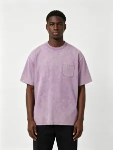 Detail view of the vintage washed purple cotton short sleeve t-shirt with chest pocket.