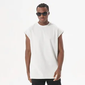 Men's solid white oversized sleeveless muscle tee tank top, casual hip hop retro streetwear style.