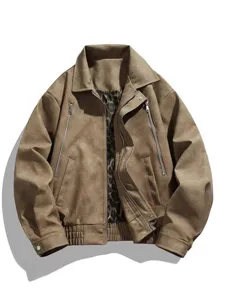 Veste en Cuir PU Vintage pour Hommes Revers Rétro Moto Manteau Décontracté Streetwear Vêtements d'Extérieur