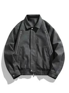 Veste en cuir PU vintage homme revers streetwear moto decontractee printemps automne haut