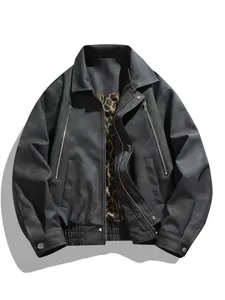 Blouson de moto vintage en cuir PU pour homme veste de motard decontractee manteau chaud
